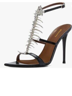 Wansseny Black Sexy Open Pointed Toe Fishbone Rhinestone Ankle Strap Sandals